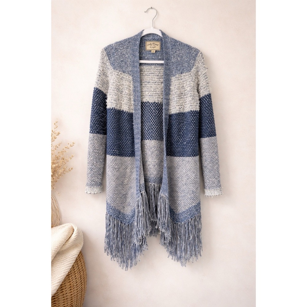 Lucky Brand Small Open Cardigan Blue Striped Knit Fringe Trim Cabincore